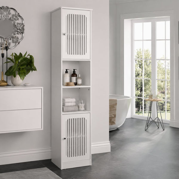 English Elm 64-inch Louvered Tall Bathroom Cabinet Slim Vertical Storage Tower in Matte White W1706P518873