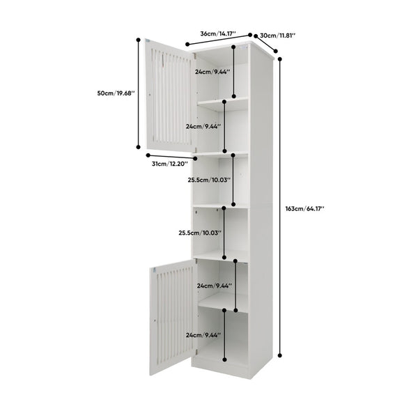 English Elm 64-inch Louvered Tall Bathroom Cabinet Slim Vertical Storage Tower in Matte White W1706P518873