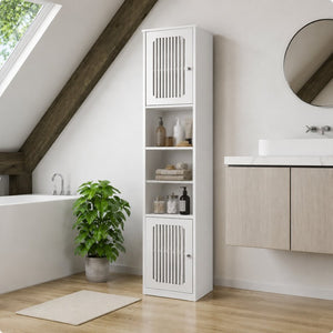 English Elm 64-inch Louvered Tall Bathroom Cabinet Slim Vertical Storage Tower in Matte White W1706P518873