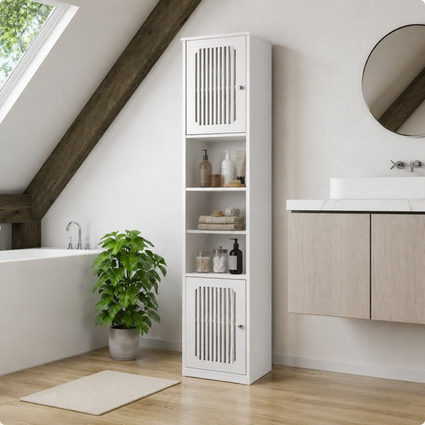 English Elm 64-inch Louvered Tall Bathroom Cabinet Slim Vertical Storage Tower in Matte White W1706P518873
