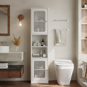 English Elm 64-inch Louvered Tall Bathroom Cabinet Slim Vertical Storage Tower in Matte White W1706P518873
