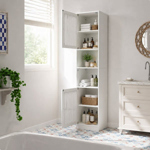 English Elm 64-inch Louvered Tall Bathroom Cabinet Slim Vertical Storage Tower in Matte White W1706P518873