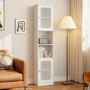 English Elm 64-inch Louvered Tall Bathroom Cabinet Slim Vertical Storage Tower in Matte White W1706P518873
