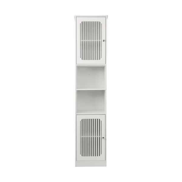 English Elm 64-inch Louvered Tall Bathroom Cabinet Slim Vertical Storage Tower in Matte White W1706P518873