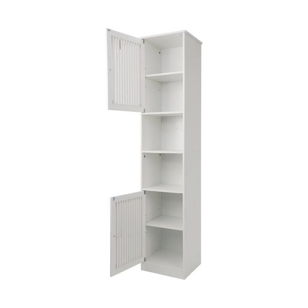 English Elm 64-inch Louvered Tall Bathroom Cabinet Slim Vertical Storage Tower in Matte White W1706P518873