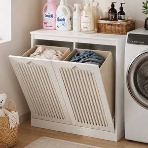 English Elm Flip-top Louvered Laundry Cabinet Dual Compartment Vented Floor Standing Storage W1706P518874
