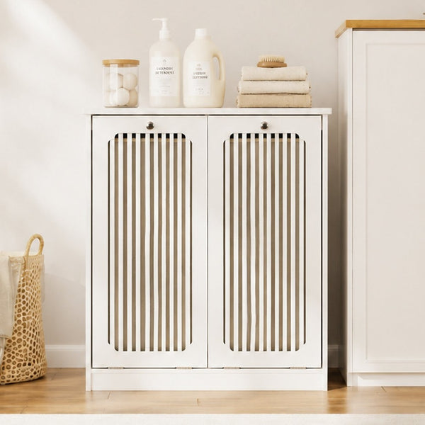 English Elm Flip-top Louvered Laundry Cabinet Dual Compartment Vented Floor Standing Storage W1706P518874