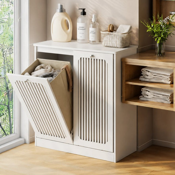 English Elm Flip-top Louvered Laundry Cabinet Dual Compartment Vented Floor Standing Storage W1706P518874