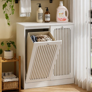 English Elm Flip-top Louvered Laundry Cabinet Dual Compartment Vented Floor Standing Storage W1706P518874