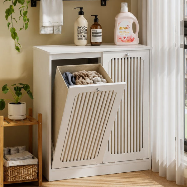 English Elm Flip-top Louvered Laundry Cabinet Dual Compartment Vented Floor Standing Storage W1706P518874