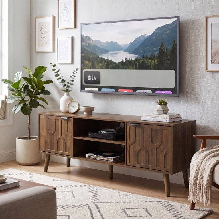 English Elm 47.2-Inch Walnut Media Console Mid-Century Modern TV Stand with Paperclip Legs Cabinet W1706P525851
