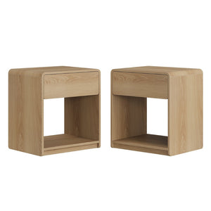 English Elm Mid-Century Modern Oak Nightstand Set of Two with Drawer and Open Shelf Bedroom Storage W1706P525883