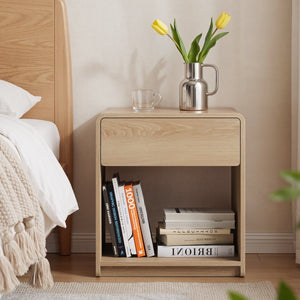English Elm Mid-Century Modern Oak Nightstand Set of Two with Drawer and Open Shelf Bedroom Storage W1706P525883