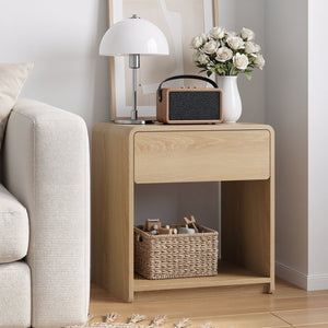 English Elm Mid-Century Modern Oak Nightstand Set of Two with Drawer and Open Shelf Bedroom Storage W1706P525883