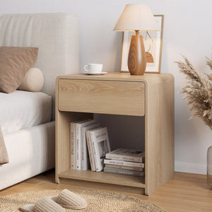 English Elm Mid-Century Modern Oak Nightstand Set of Two with Drawer and Open Shelf Bedroom Storage W1706P525883