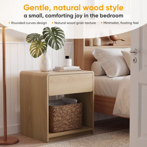 English Elm Mid-Century Modern Oak Nightstand Set of Two with Drawer and Open Shelf Bedroom Storage W1706P525883