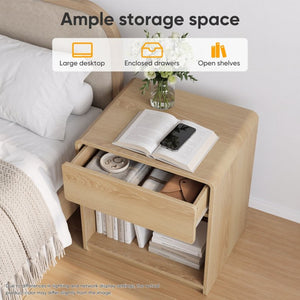 English Elm Mid-Century Modern Oak Nightstand Set of Two with Drawer and Open Shelf Bedroom Storage W1706P525883