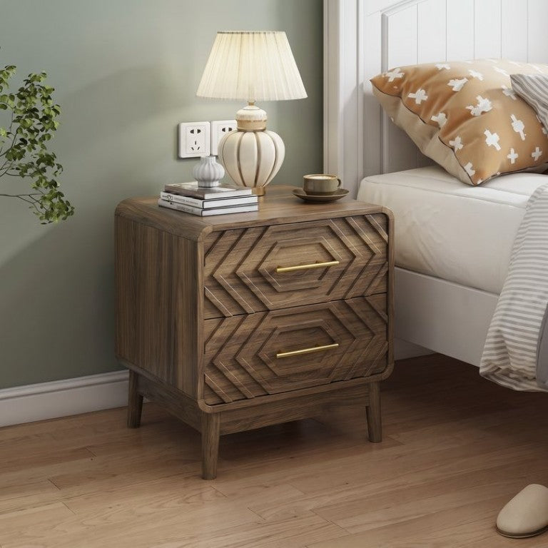 English Elm Walnut Finish Farmhouse Nightstand with Carved Relief Panels Gold Handles and Two Drawers W1706P534756