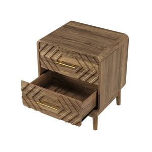 English Elm Walnut Finish Farmhouse Nightstand with Carved Relief Panels Gold Handles and Two Drawers W1706P534756