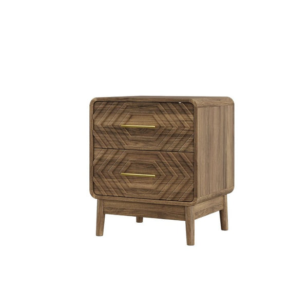 English Elm Walnut Finish Farmhouse Nightstand with Carved Relief Panels Gold Handles and Two Drawers W1706P534756