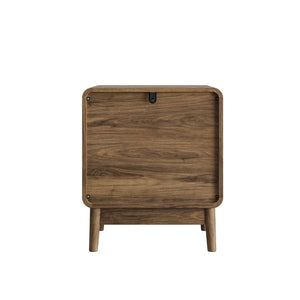 English Elm Walnut Finish Farmhouse Nightstand with Carved Relief Panels Gold Handles and Two Drawers W1706P534756