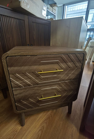 English Elm Walnut Finish Farmhouse Nightstand with Carved Relief Panels Gold Handles and Two Drawers W1706P534756