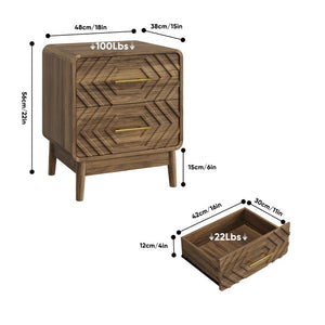 English Elm Walnut Finish Farmhouse Nightstand with Carved Relief Panels Gold Handles and Two Drawers W1706P534756
