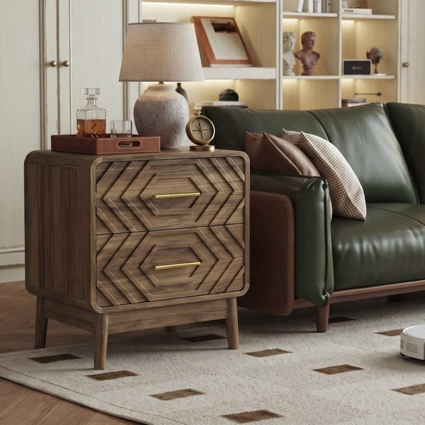 English Elm Walnut Finish Farmhouse Nightstand with Carved Relief Panels Gold Handles and Two Drawers W1706P534756