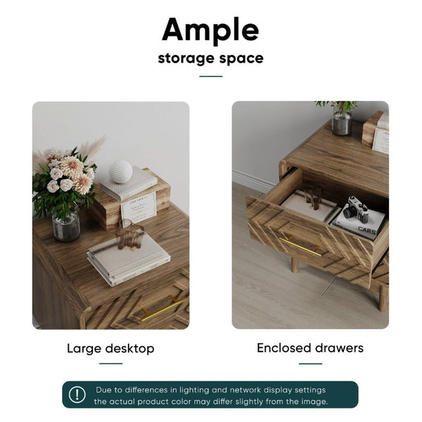 English Elm Walnut Finish Farmhouse Nightstand with Carved Relief Panels Gold Handles and Two Drawers W1706P534756