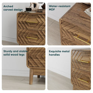 English Elm Walnut Finish Farmhouse Nightstand with Carved Relief Panels Gold Handles and Two Drawers W1706P534756