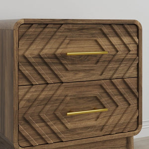 English Elm Walnut Finish Farmhouse Nightstand with Carved Relief Panels Gold Handles and Two Drawers W1706P534756