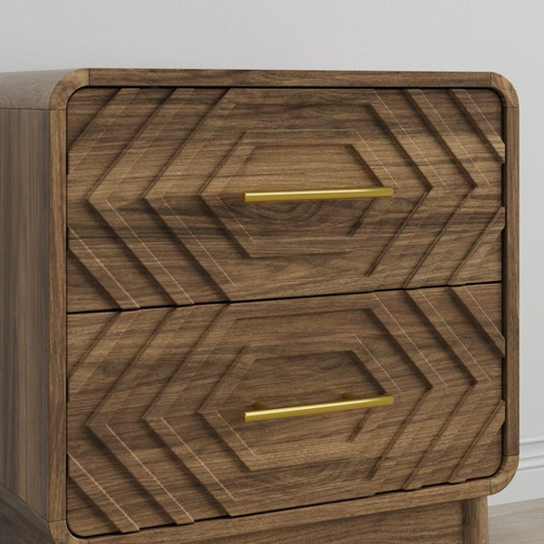 English Elm Walnut Finish Farmhouse Nightstand with Carved Relief Panels Gold Handles and Two Drawers W1706P534756