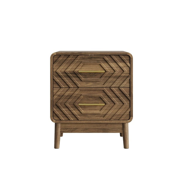 English Elm Walnut Finish Farmhouse Nightstand with Carved Relief Panels Gold Handles and Two Drawers W1706P534756