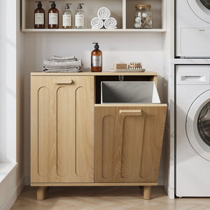 English Elm Tilt-Out Laundry Cabinet Dual Basket MDF Freestanding Bathroom Storage Oak Finish W1706P534757