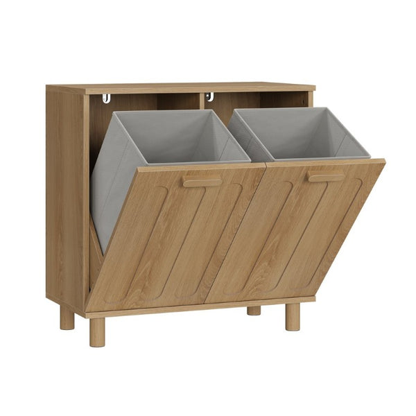English Elm Tilt-Out Laundry Cabinet Dual Basket MDF Freestanding Bathroom Storage Oak Finish W1706P534757