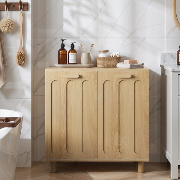 English Elm Tilt-Out Laundry Cabinet Dual Basket MDF Freestanding Bathroom Storage Oak Finish W1706P534757