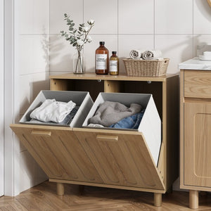 English Elm Tilt-Out Laundry Cabinet Dual Basket MDF Freestanding Bathroom Storage Oak Finish W1706P534757