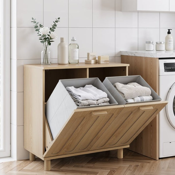 English Elm Tilt-Out Laundry Cabinet Dual Basket MDF Freestanding Bathroom Storage Oak Finish W1706P534757