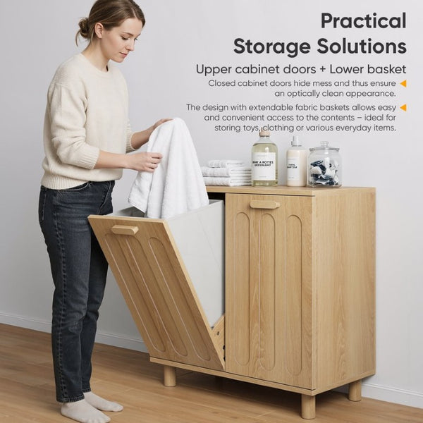 English Elm Tilt-Out Laundry Cabinet Dual Basket MDF Freestanding Bathroom Storage Oak Finish W1706P534757