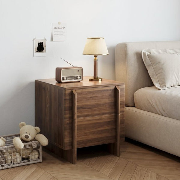 English Elm Minimalist Walnut Grain Two Drawer Nightstand with Rounded Body and Solid Wood Legs W1706P548632