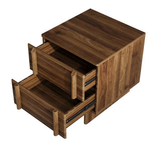English Elm Minimalist Walnut Grain Two Drawer Nightstand with Rounded Body and Solid Wood Legs W1706P548632