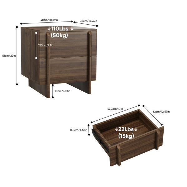 English Elm Minimalist Walnut Grain Two Drawer Nightstand with Rounded Body and Solid Wood Legs W1706P548632