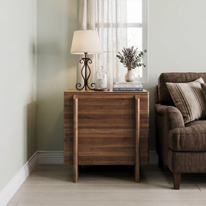 English Elm Minimalist Walnut Grain Two Drawer Nightstand with Rounded Body and Solid Wood Legs W1706P548632