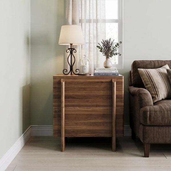 English Elm Minimalist Walnut Grain Two Drawer Nightstand with Rounded Body and Solid Wood Legs W1706P548632