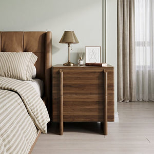 English Elm Minimalist Walnut Grain Two Drawer Nightstand with Rounded Body and Solid Wood Legs W1706P548632