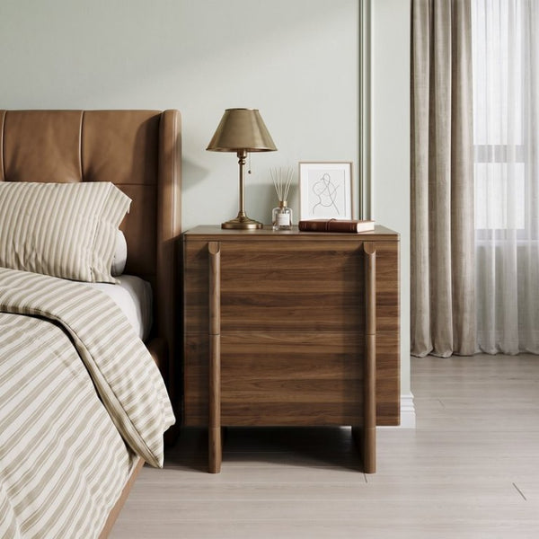 English Elm Minimalist Walnut Grain Two Drawer Nightstand with Rounded Body and Solid Wood Legs W1706P548632
