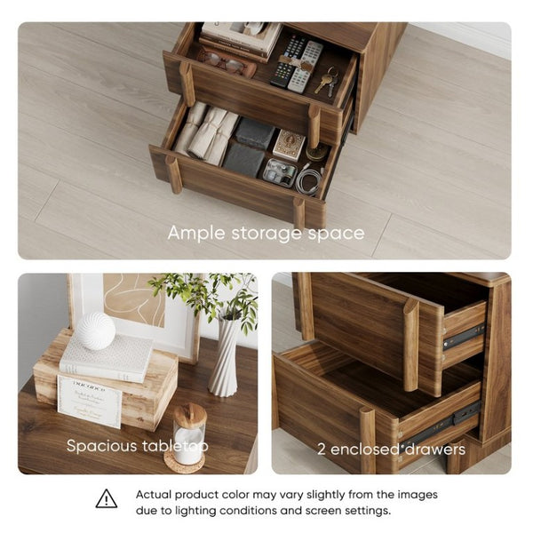 English Elm Minimalist Walnut Grain Two Drawer Nightstand with Rounded Body and Solid Wood Legs W1706P548632