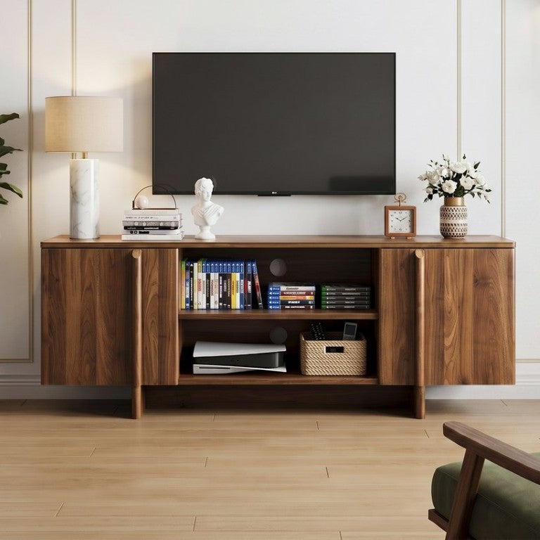 English Elm 55-Inch Walnut Farmhouse TV Stand with Open Shelving and Enclosed Cabinet Storage W1706P548633