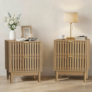 English Elm Mid-Modern Oak Grille Nightstand Set of Two with Black Metal Hardware for Bedroom W1706P567324