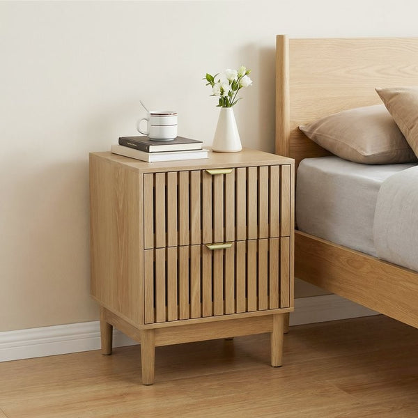English Elm Mid-Modern Oak Grille Nightstand Set of Two with Black Metal Hardware for Bedroom W1706P567324